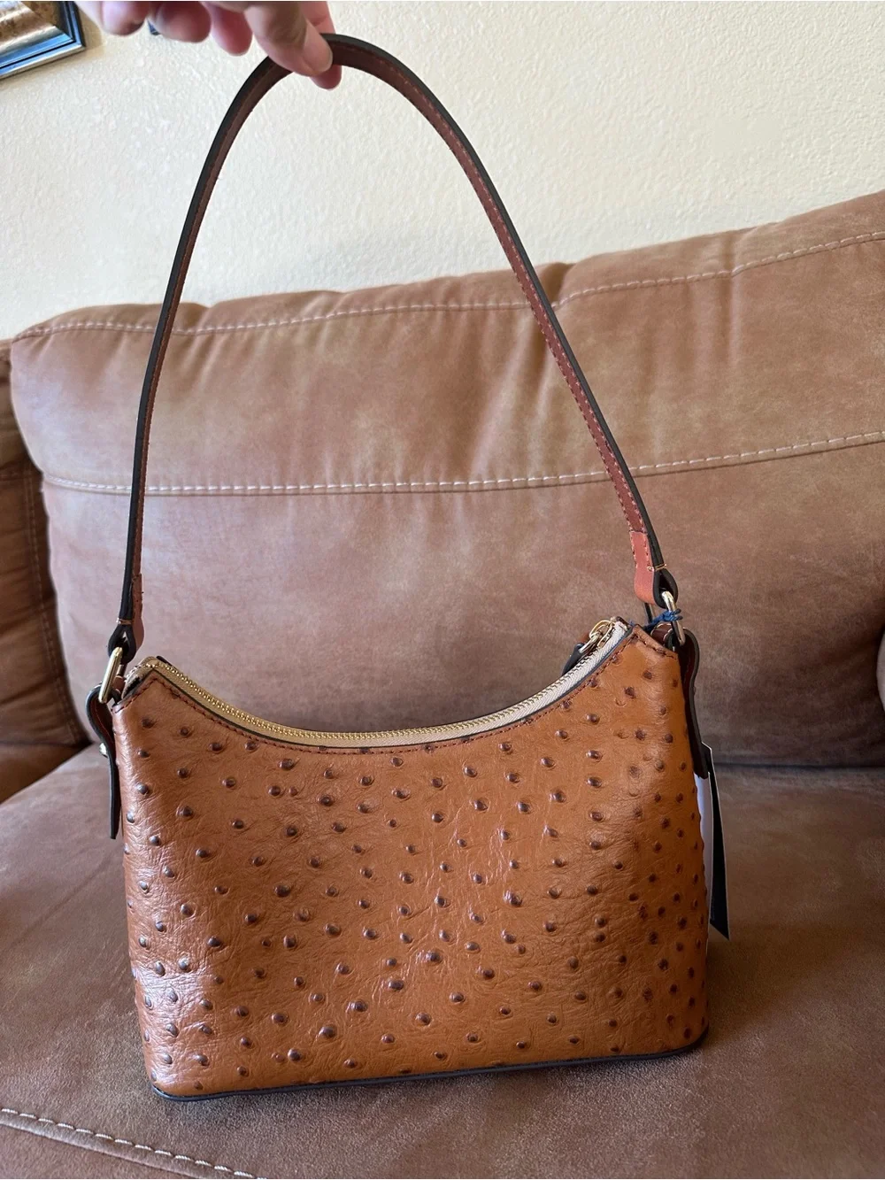 Dooney & Bourke Cognac Ostrich-Embossed Shoulder Bag with Matching Coin Purse